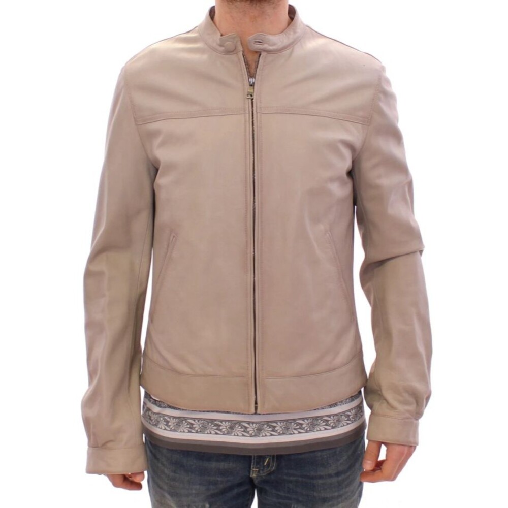 Dolce & Gabbana Men's Beige Leather Biker Coat Jacket $3400 EU 52 US 42